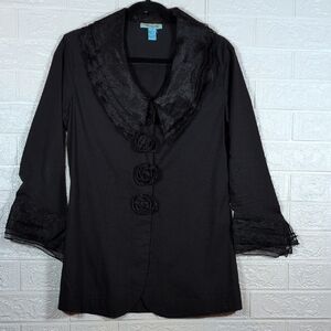 346-Elegant Black‎ Lace Trim Blouse